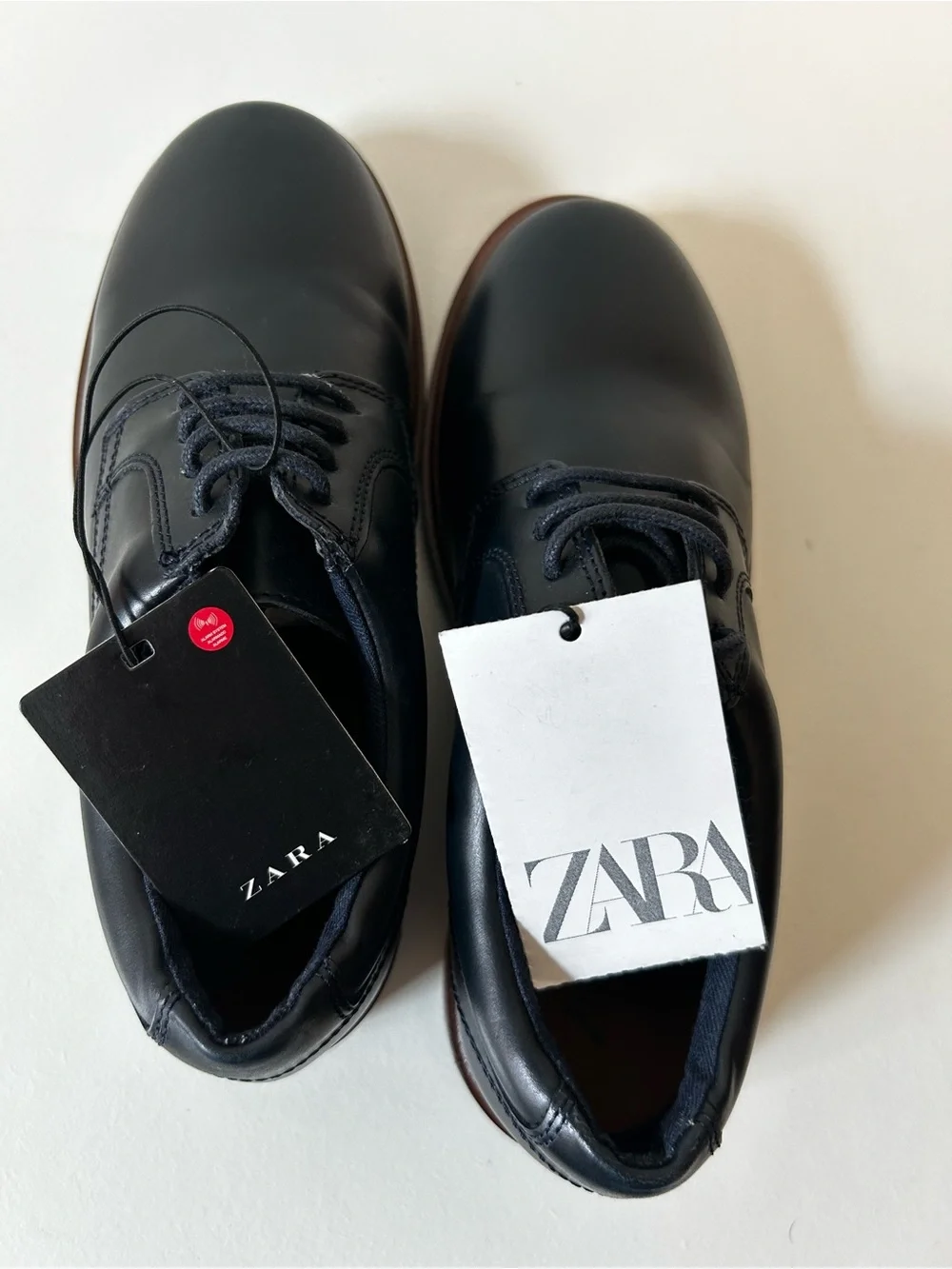 Zara Navy Leather Kids Lace-Up Dress Shoes with Brown Sole